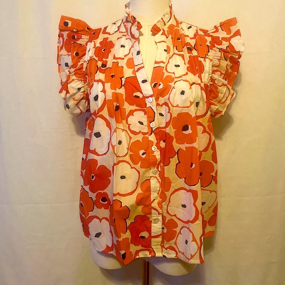 Pinch Red and White Floral Blouse with Ruffle Sleeves